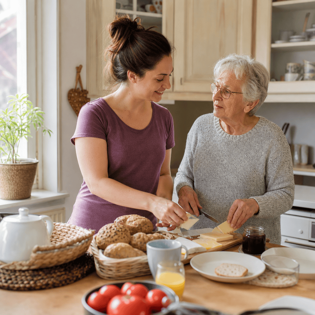 Betreuungskraft unterstützt eine Seniorin im Alltag in der Küche.
