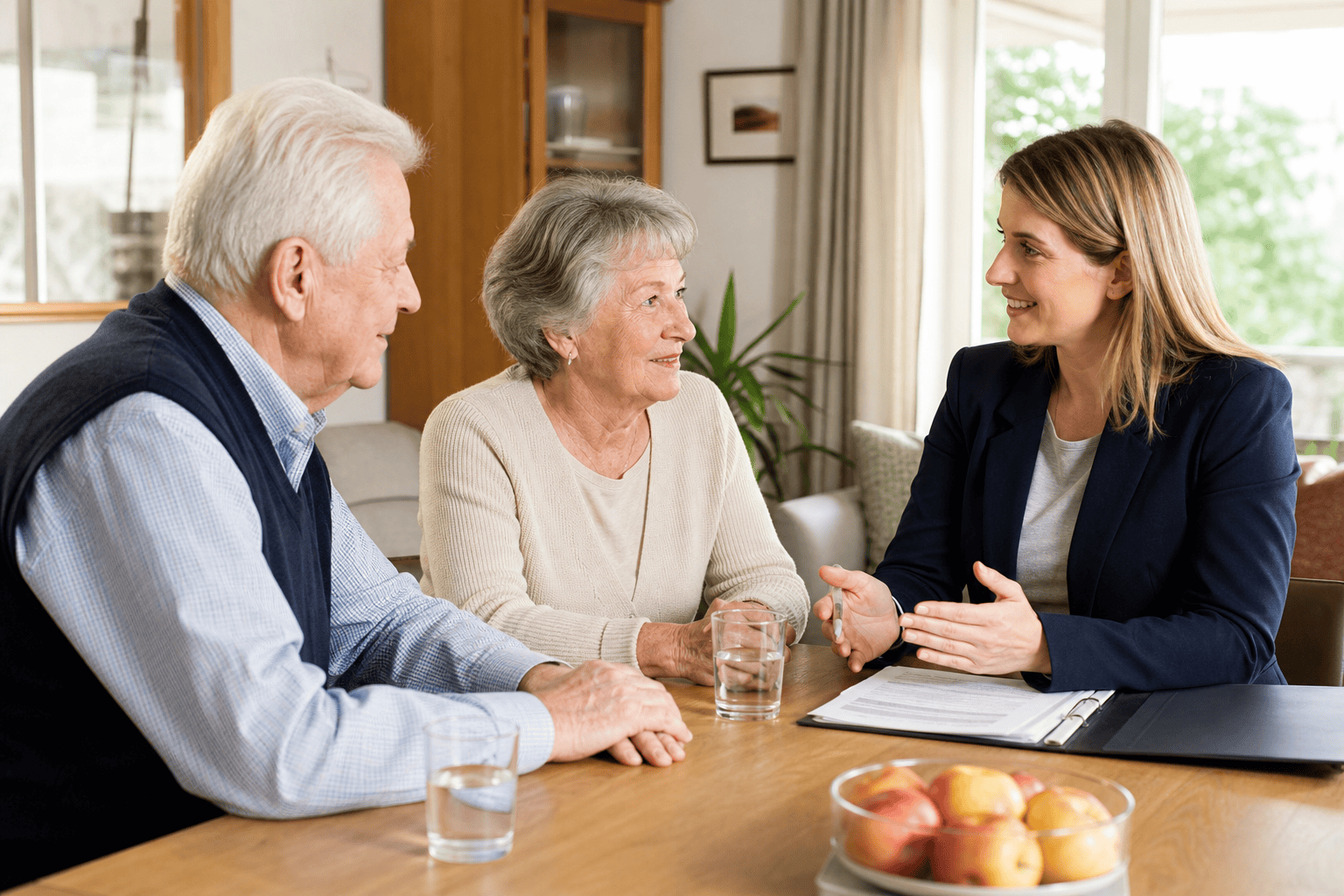 Angehörige und ältere Person besprechen häusliche Unterstützung mit einer beratenden Person.
