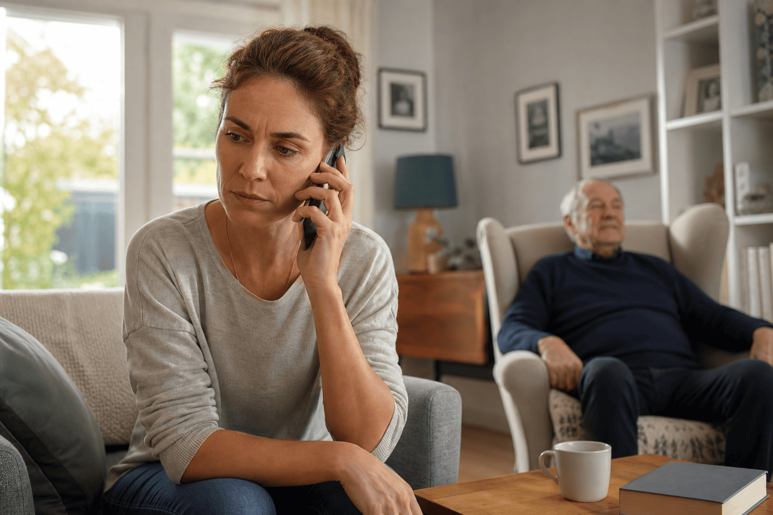 Angehörige holt in einem ruhigen Wohnzimmer telefonische Unterstützung ein.