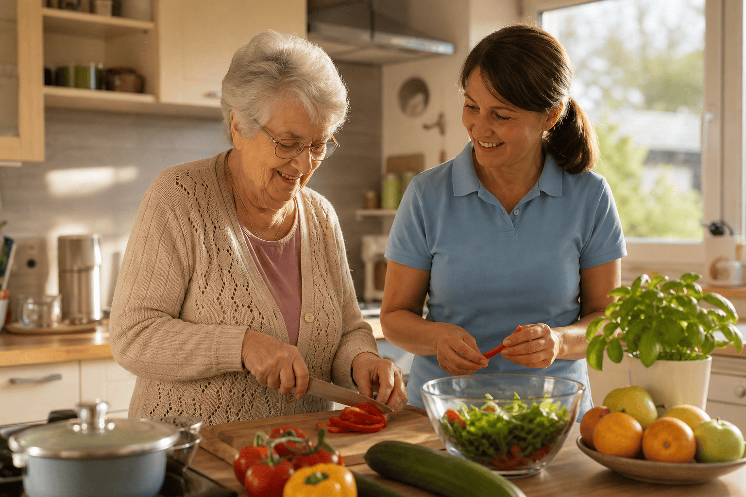 Betreuungskraft unterstützt eine ältere Person beim Zubereiten einer Mahlzeit.