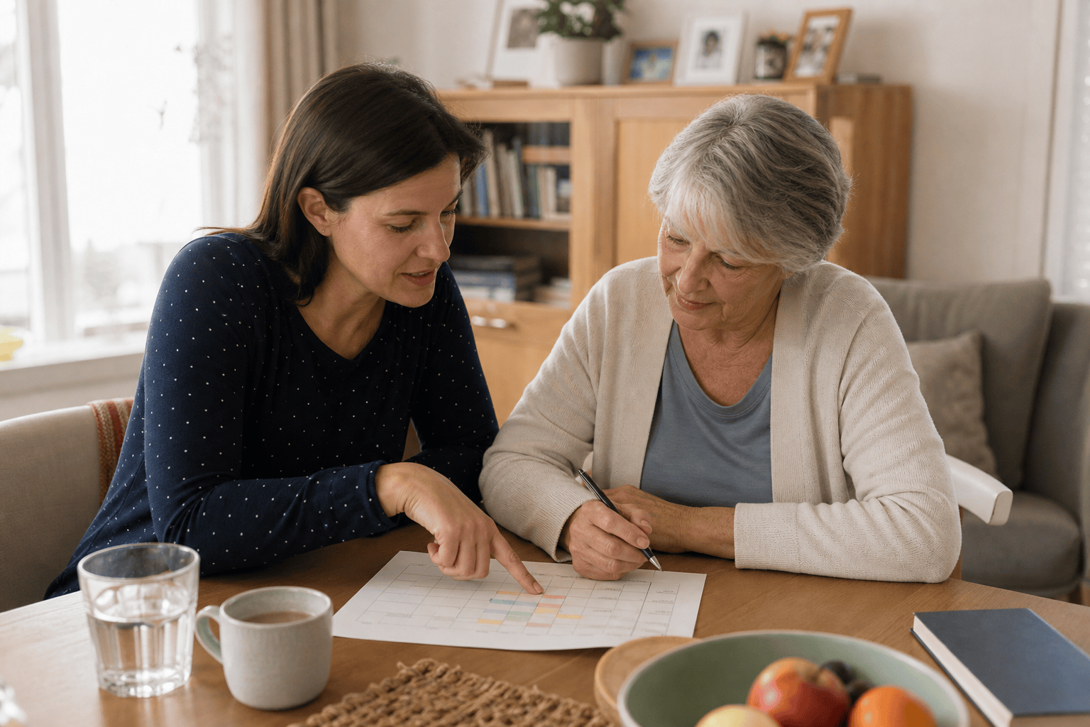 Angehörige und ältere Person besprechen die Alltagsplanung zu Hause.