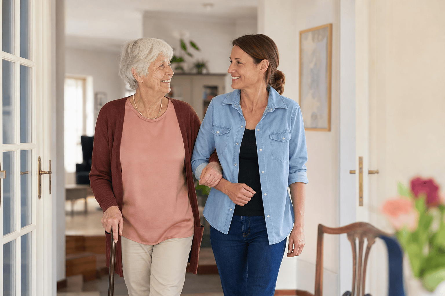 Ältere Person und Angehörige sprechen in einer Wohnung über gemeinsame Vorsorge