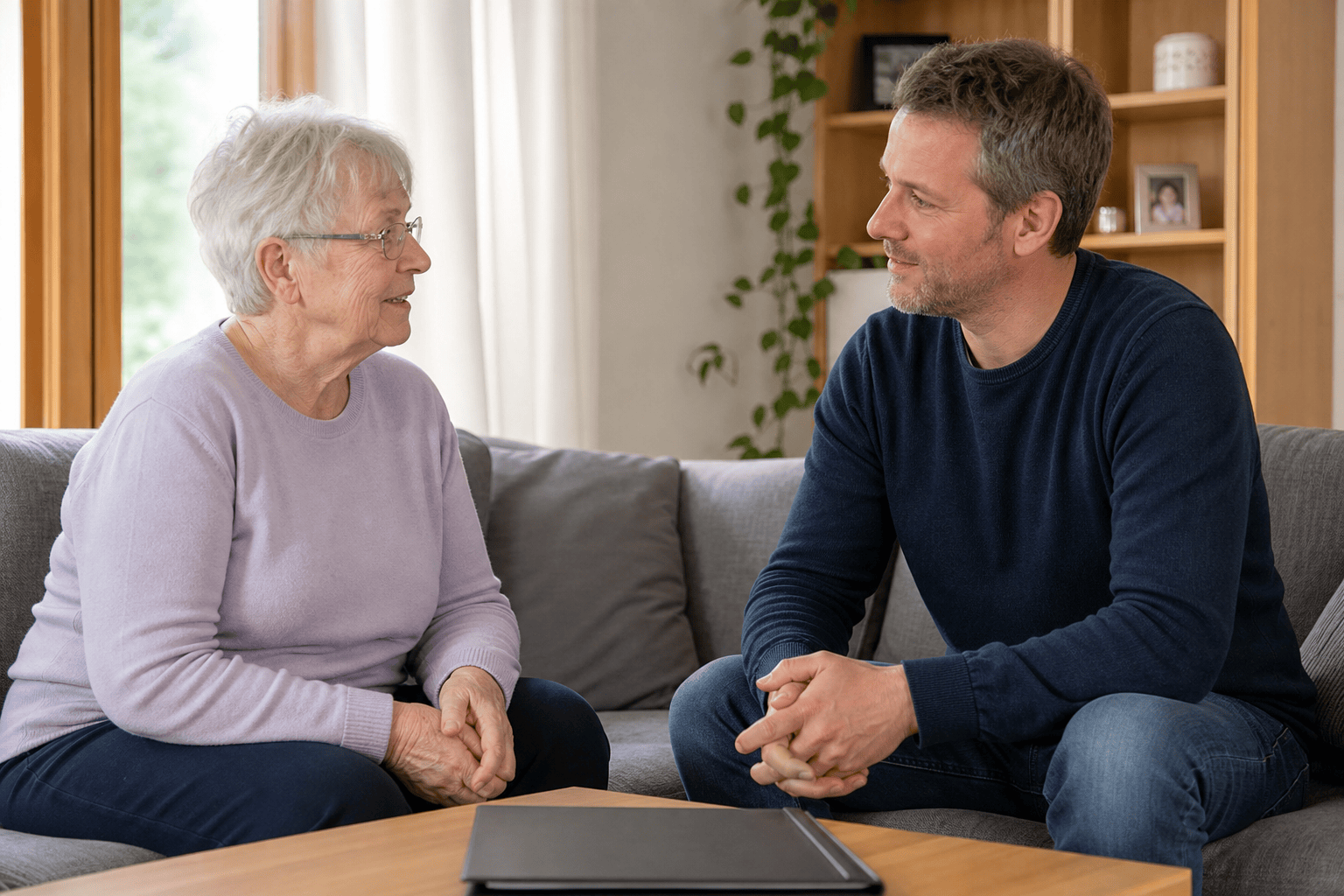 Ältere Frau und erwachsener Sohn sprechen vertrauensvoll über Vorsorge