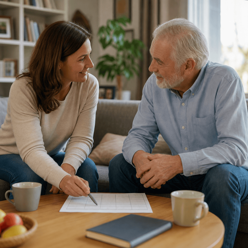 Tochter und Vater besprechen die Unterstützung im Alltag