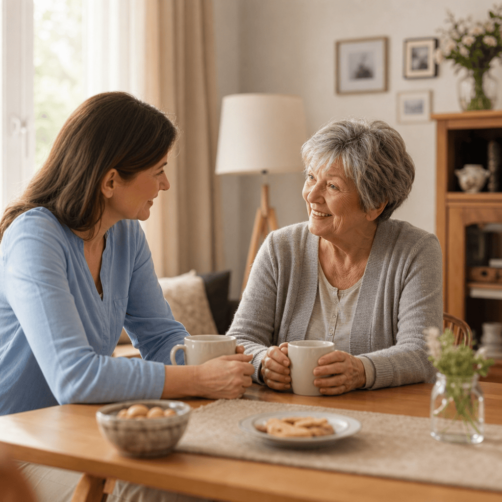 Angehöriger und ältere Person sprechen über Entlastung im Pflegealltag