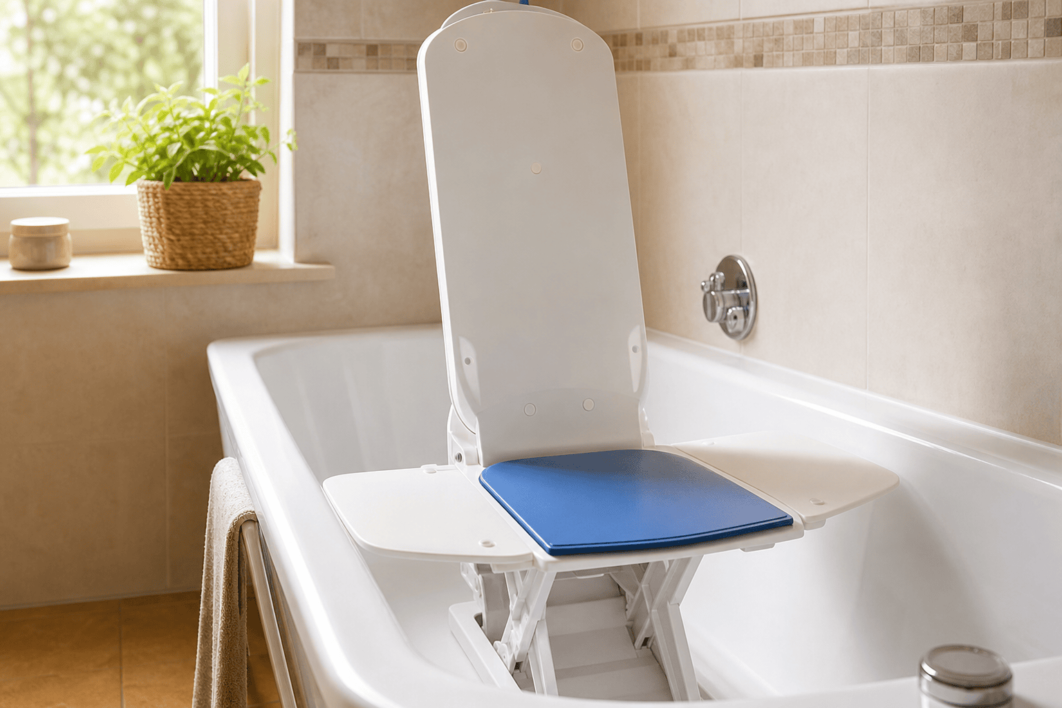 Neutraler Wannenlift mit Sitz und Rückenlehne in einer häuslichen Badewanne
