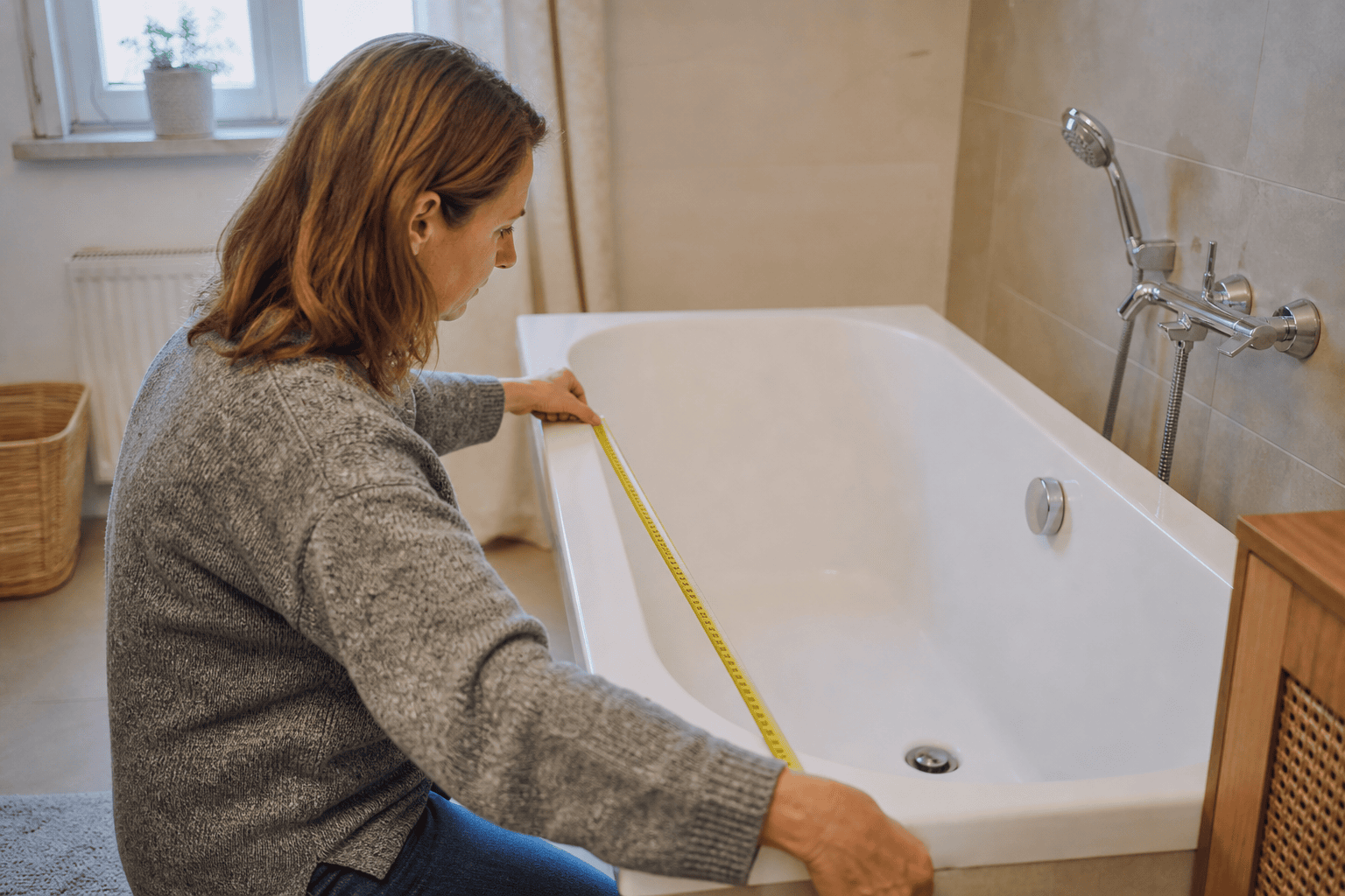 Angehörige misst die Innenbreite einer Badewanne für die Auswahl eines Wannenlifts