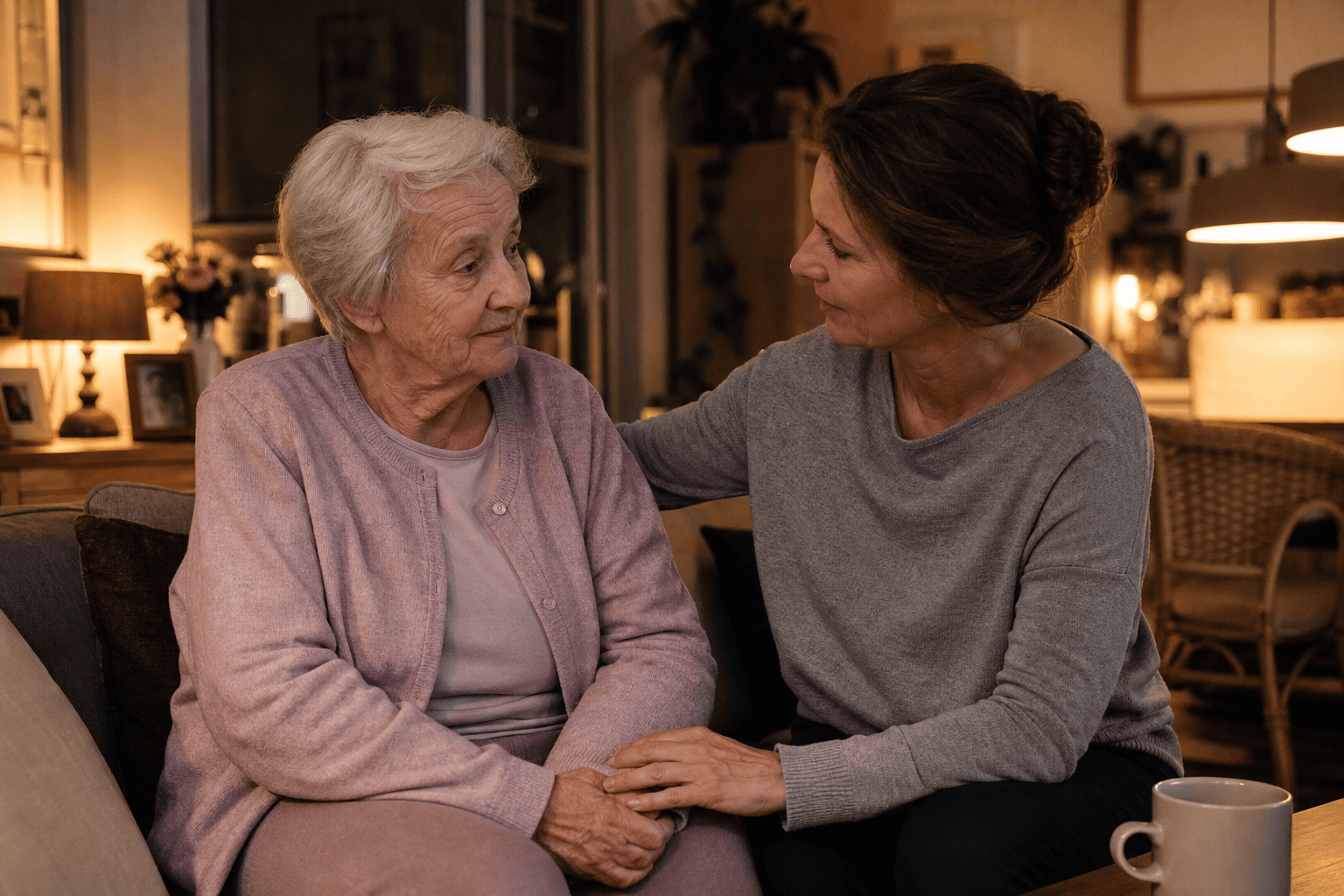 Ältere Person und Angehörige in einem ruhig beleuchteten Wohnzimmer.