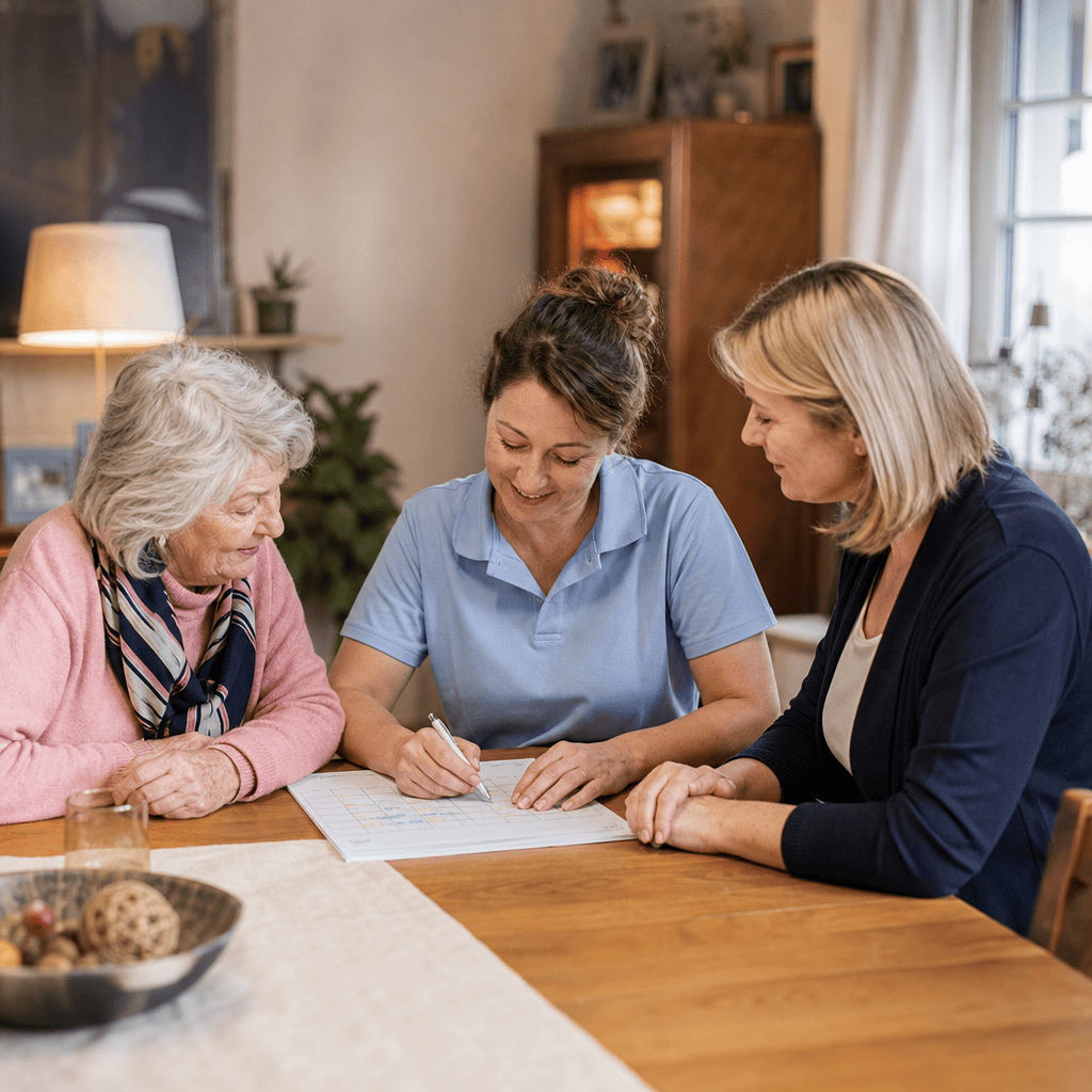 Familie und Betreuungskraft besprechen gemeinsam den Alltag am Wohnzimmertisch.