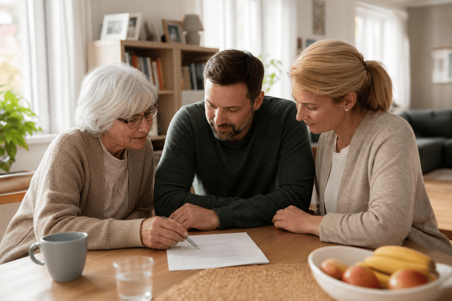 Ältere Person und Angehörige planen Alltagshilfen zu Hause.