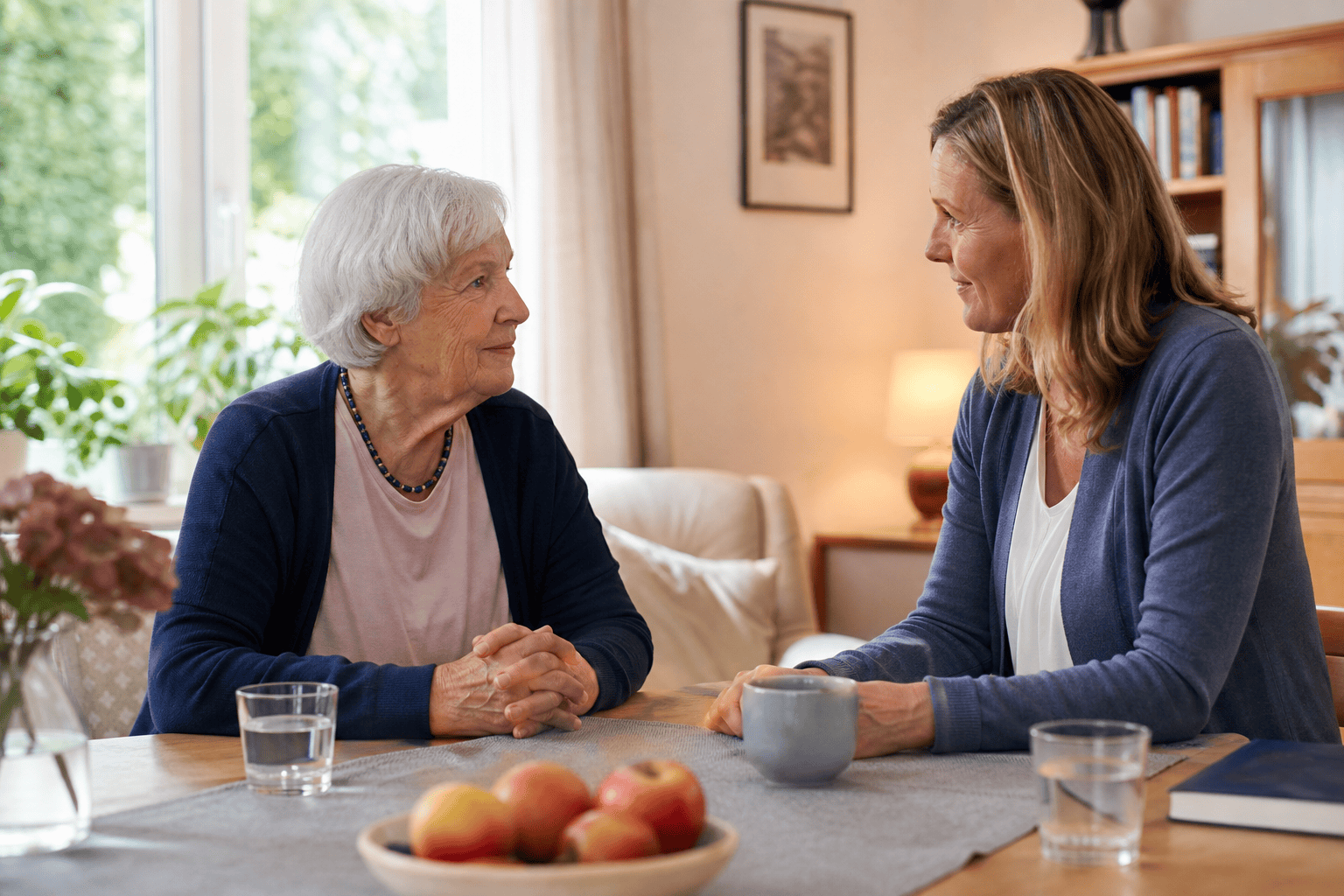 Ältere Person und Angehörige sprechen über zusätzliche Unterstützung zu Hause.