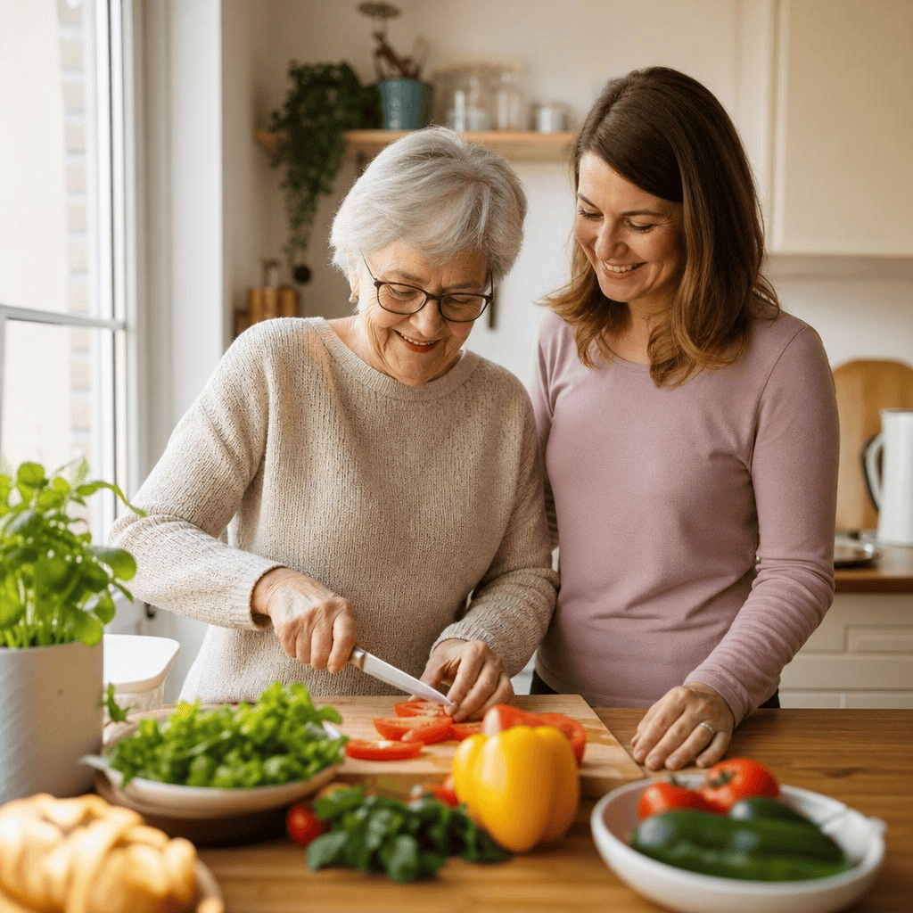Ältere Frau und Betreuungskraft bereiten gemeinsam eine Mahlzeit in der Küche zu.