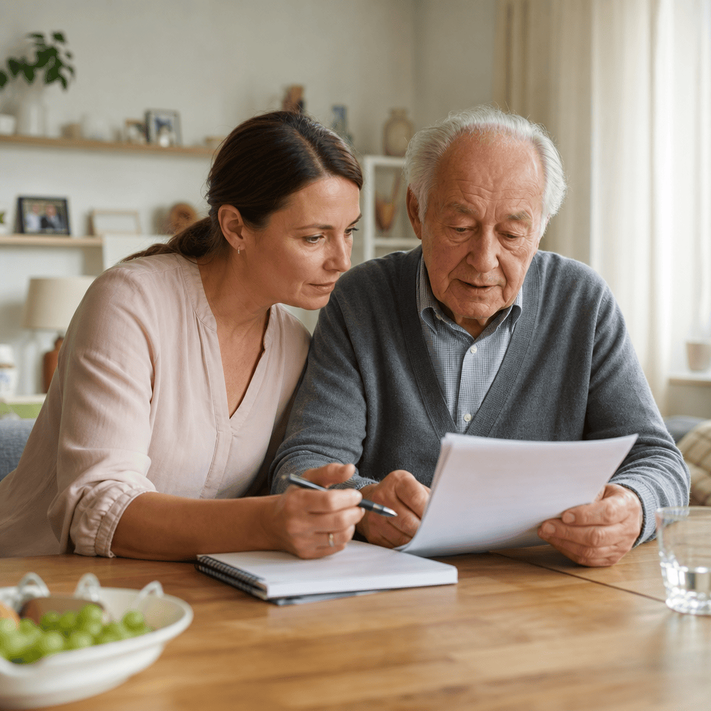 Angehörige besprechen mit einem älteren Familienmitglied eine Checkliste für die Pflege zu Hause.