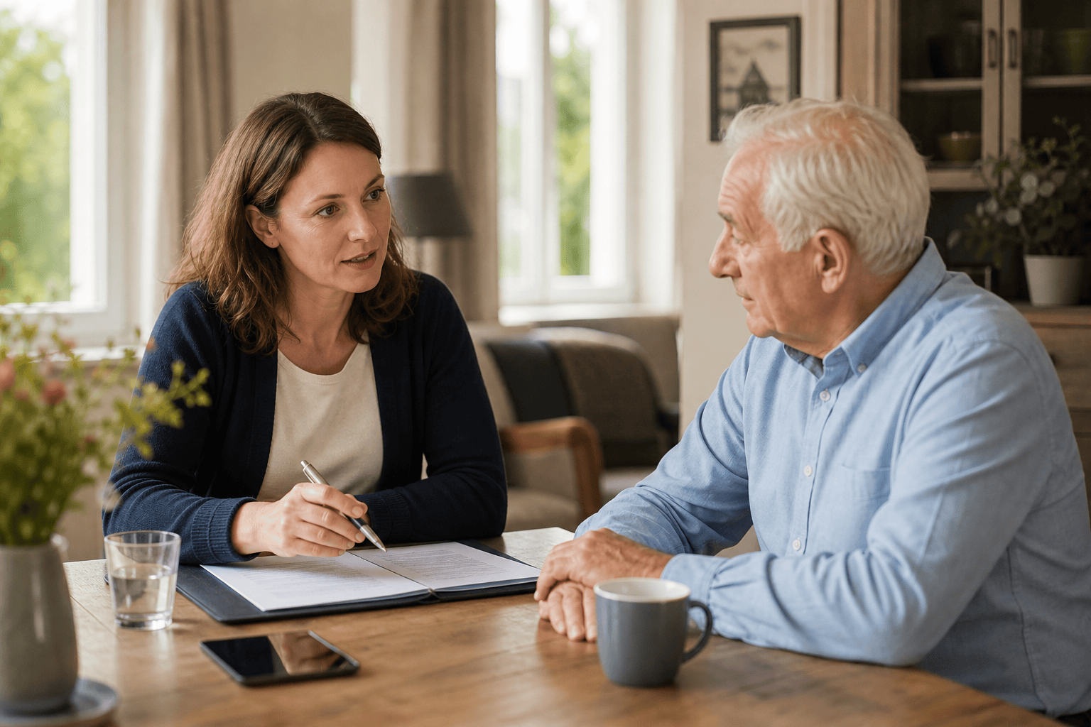 Angehörige und älterer Mann besprechen Wohn- und Unterstützungsbedarf