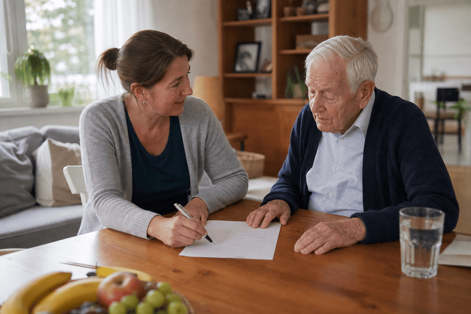 Angehörige und älterer Mann besprechen Unterstützung im Alltag