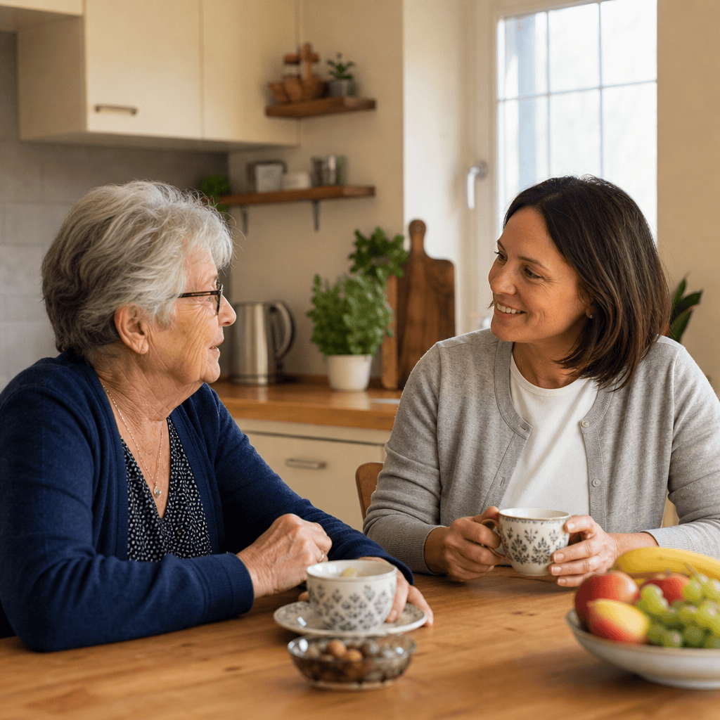 Ältere Person und Angehöriger besprechen den Alltag zu Hause