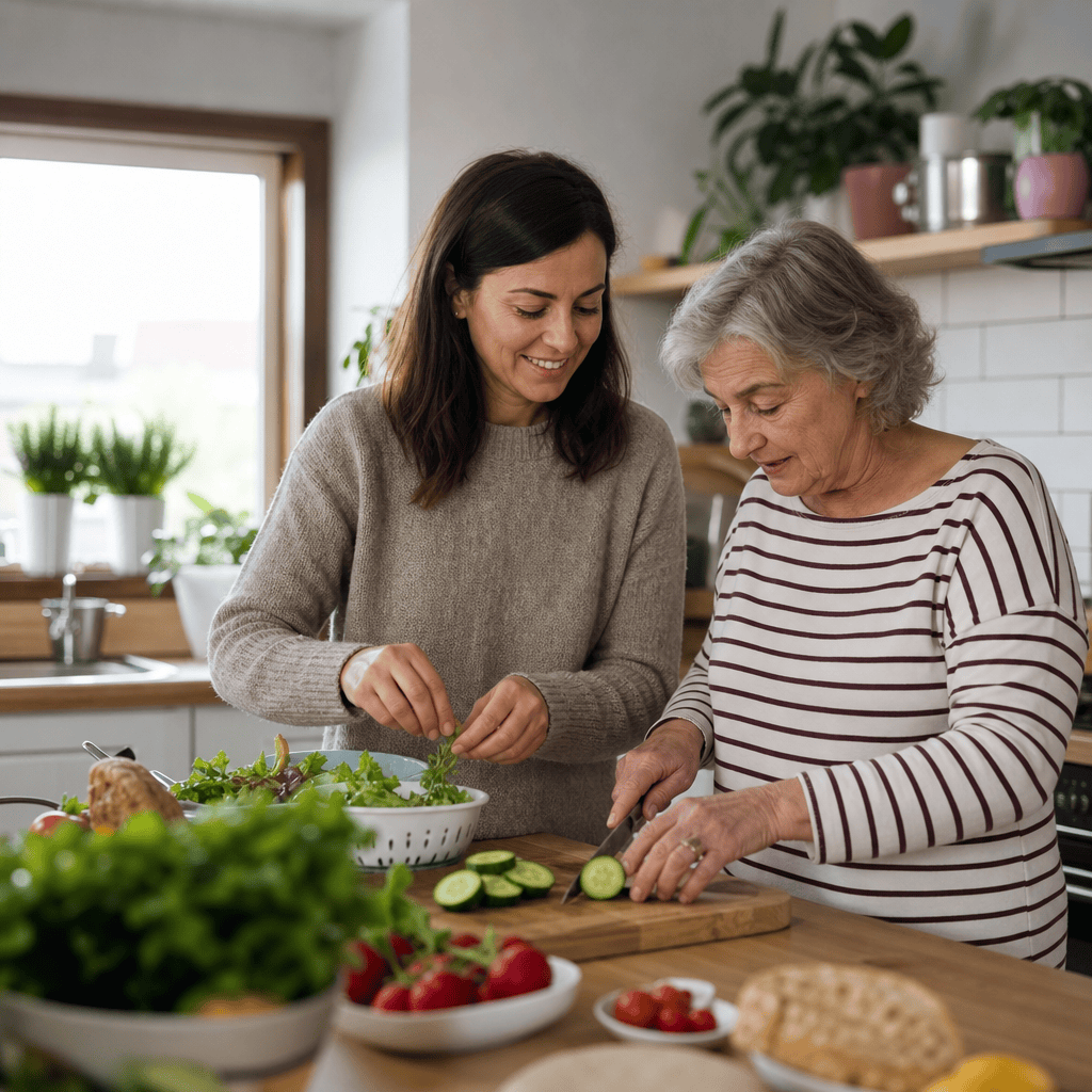 Betreuungskraft und ältere Person bereiten gemeinsam eine Mahlzeit zu