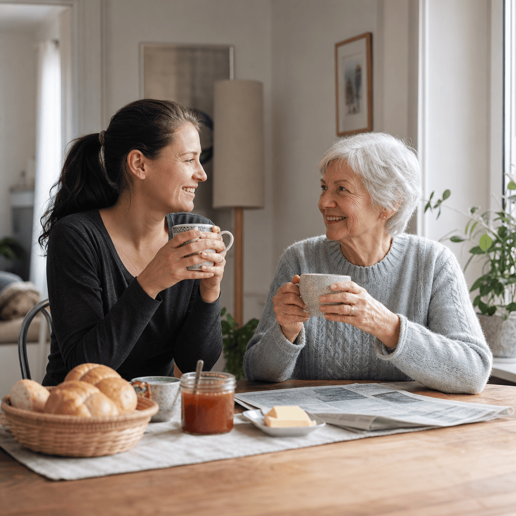 Betreuungskraft unterstützt eine Seniorin im Alltag beim Frühstück zu Hause.