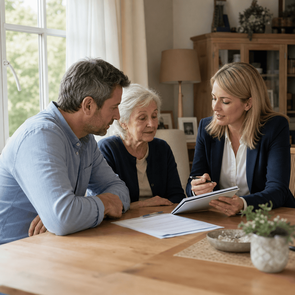 Angehörige besprechen Betreuungsmodell und Kostenstruktur in ruhiger Wohnumgebung.