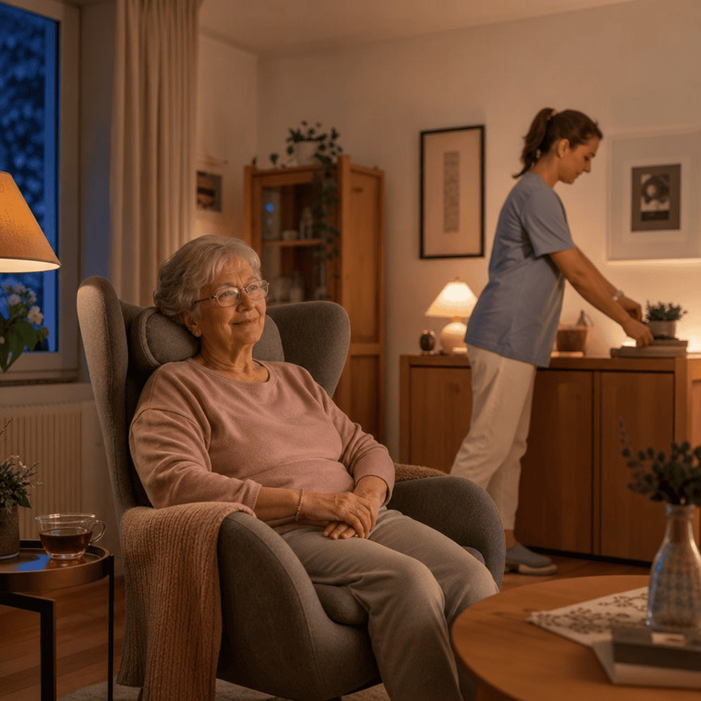 Ruhige Abendszene in der häuslichen Betreuung mit Fokus auf realistische Ruhezeiten.