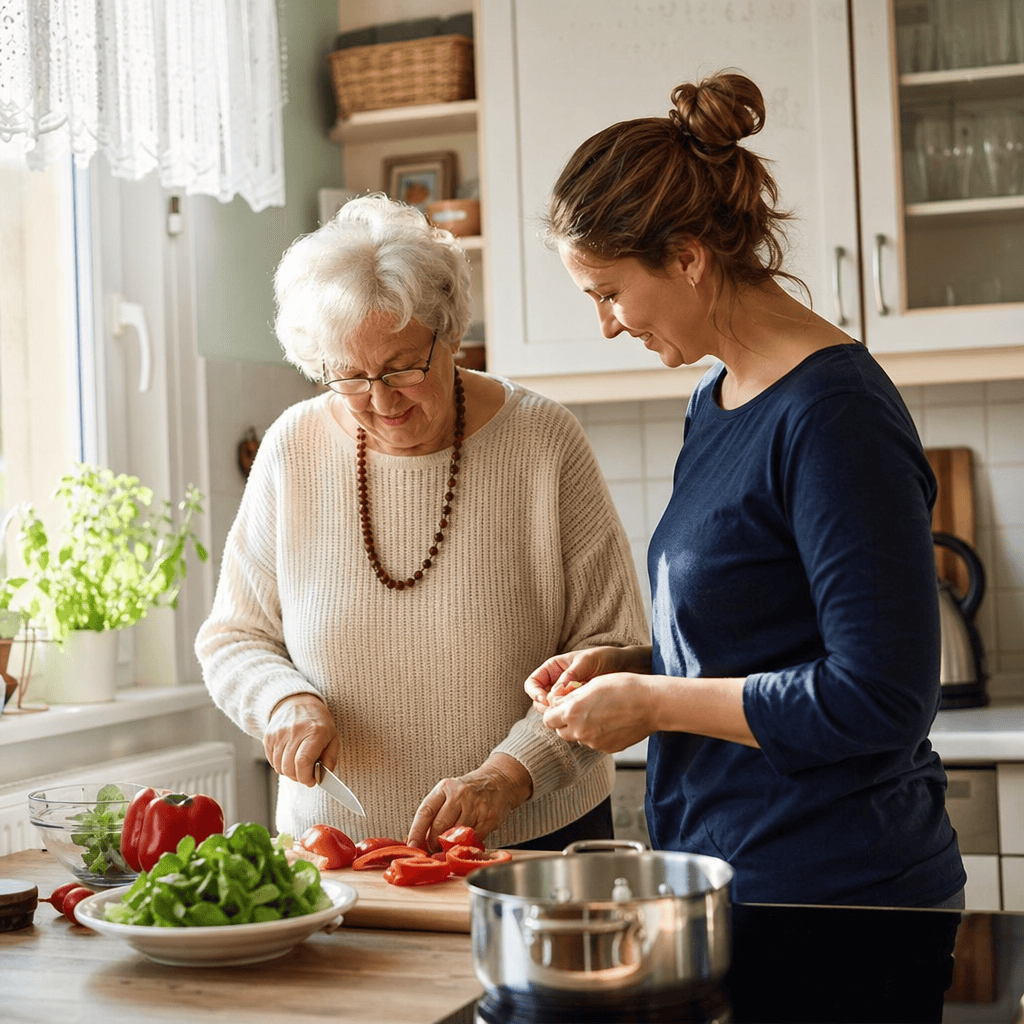 Betreuungskraft und ältere Person bereiten gemeinsam eine Mahlzeit zu.