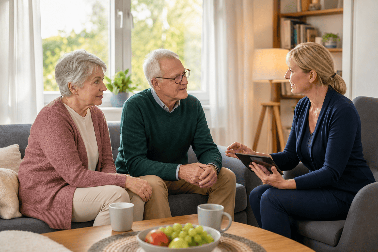 Ältere Person und Angehörige besprechen mit einer beratenden Person Unterstützung zu Hause.