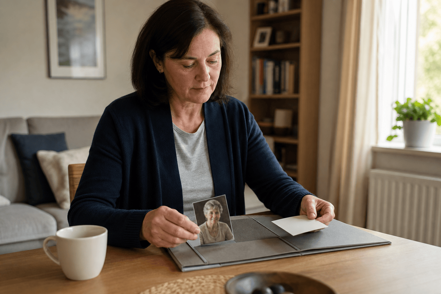 Angehörige Person bereitet eine Notfallmappe mit Foto und Kontaktinformationen vor.