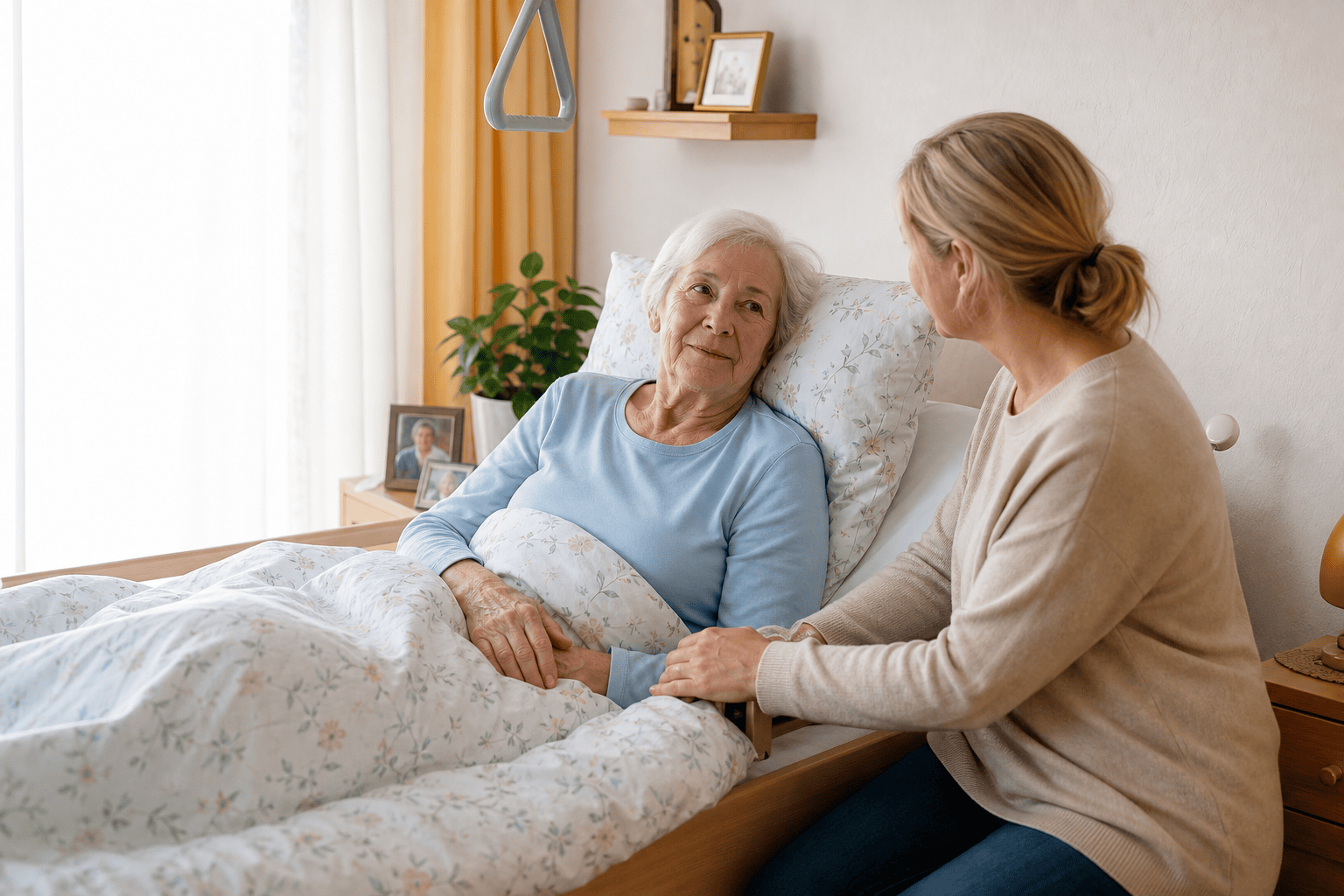 Angehörige bespricht den Pflegealltag mit einer älteren Person am Pflegebett
