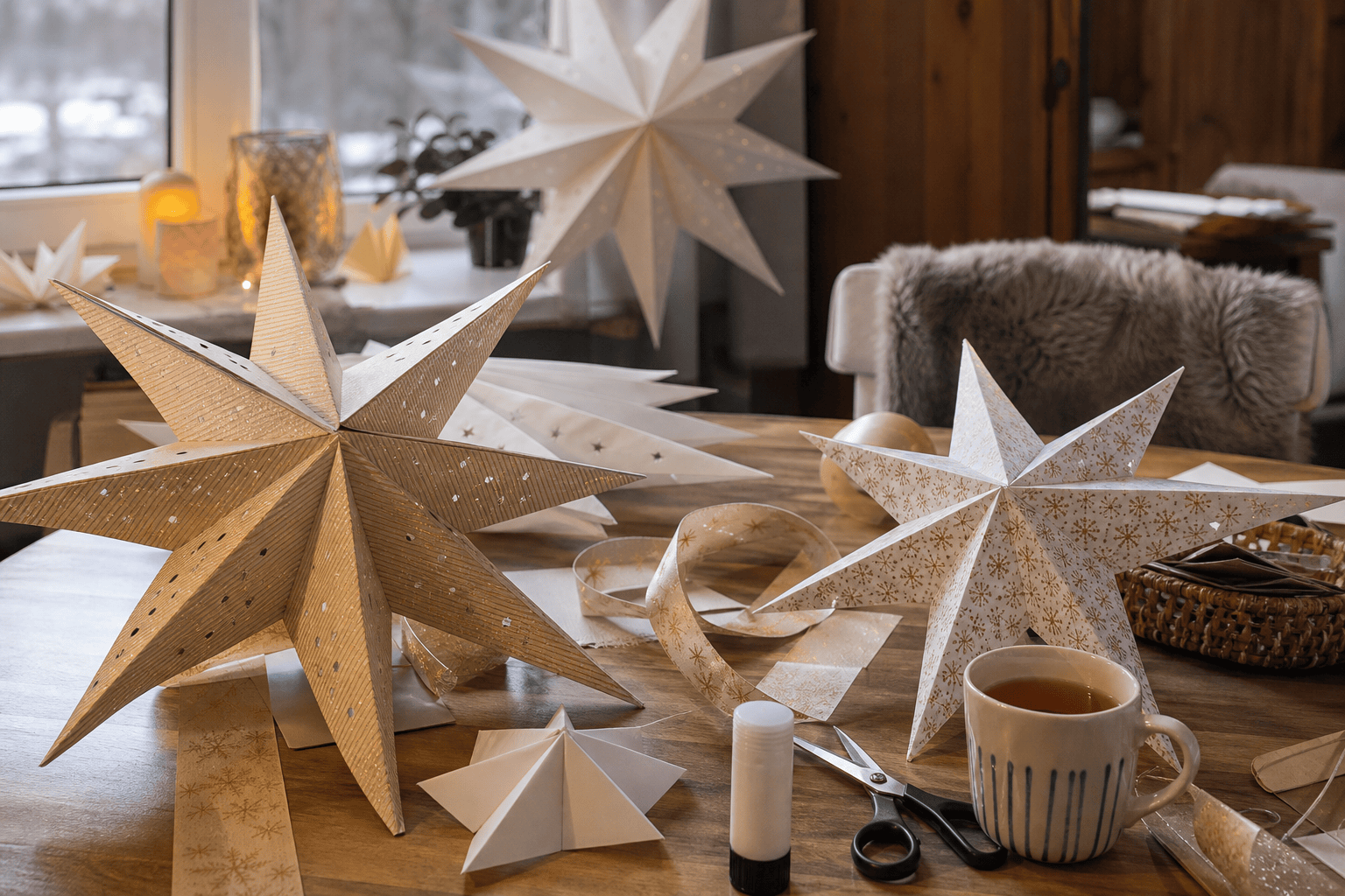 Vorbereiteter Basteltisch mit großen Papiersternen und breiten Bändern