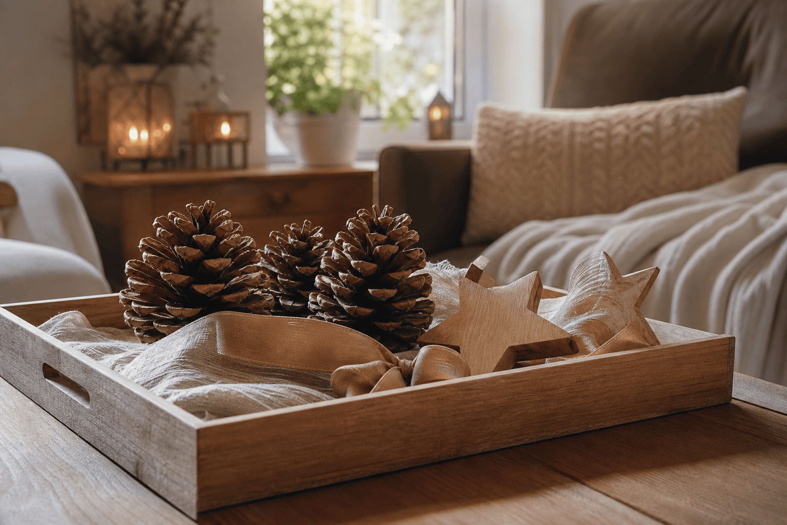 Große Zapfen und Holzsterne als einfache Winterdekoration