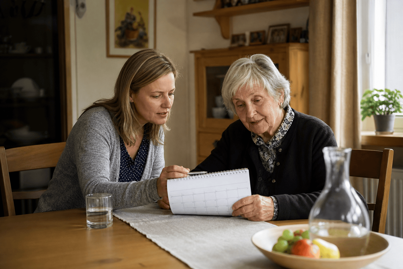 Ältere Person und Angehörige besprechen gemeinsam Termine anhand eines Kalenders