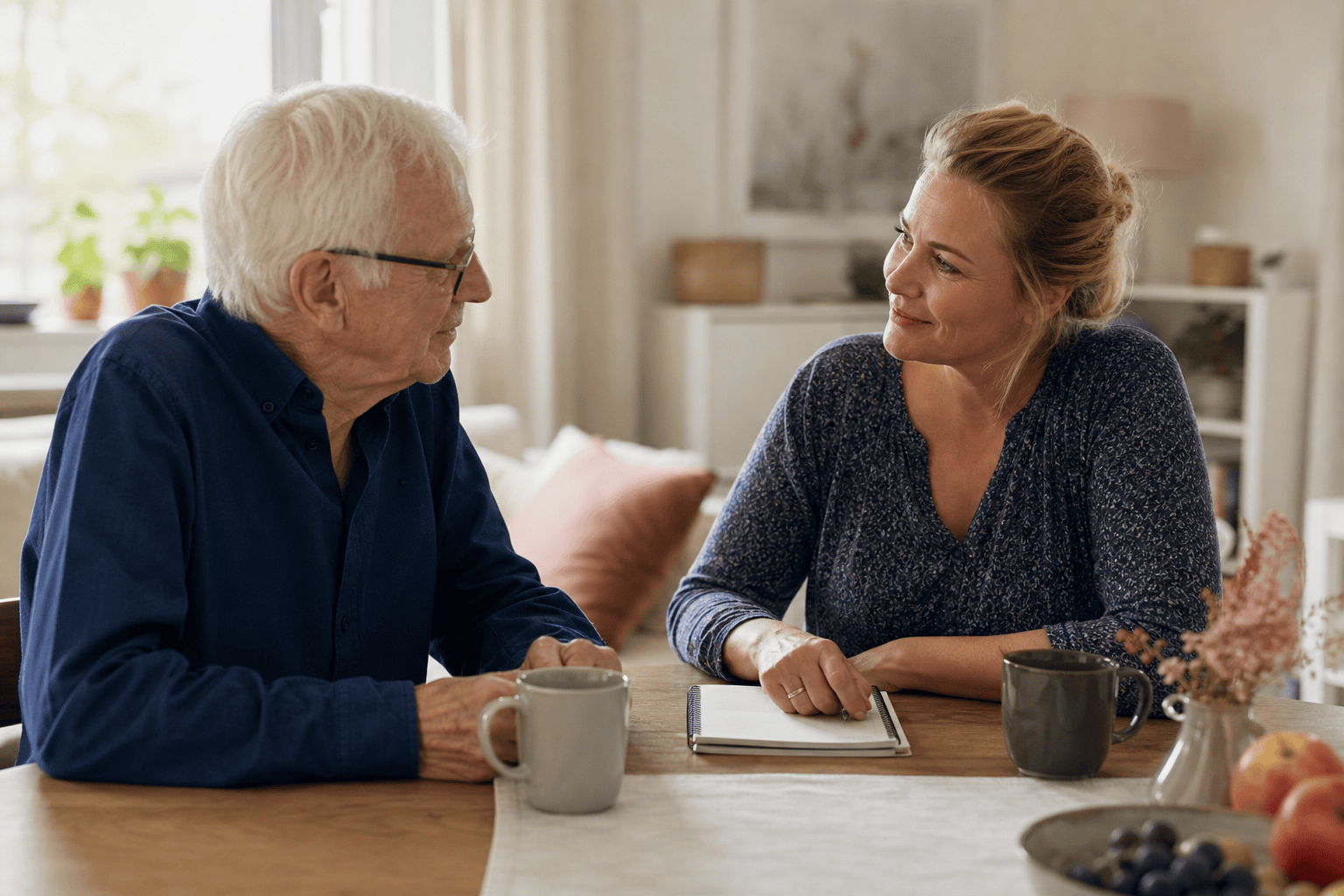Ältere Person und Angehörige besprechen Veränderungen im Alltag am Wohnzimmertisch.