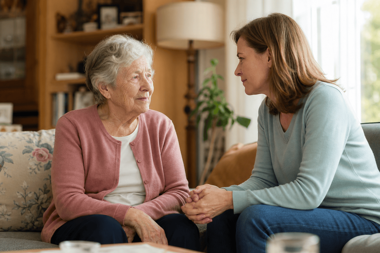 Ältere Person und Angehörige sprechen zu Hause auf Augenhöhe über die weitere Versorgung