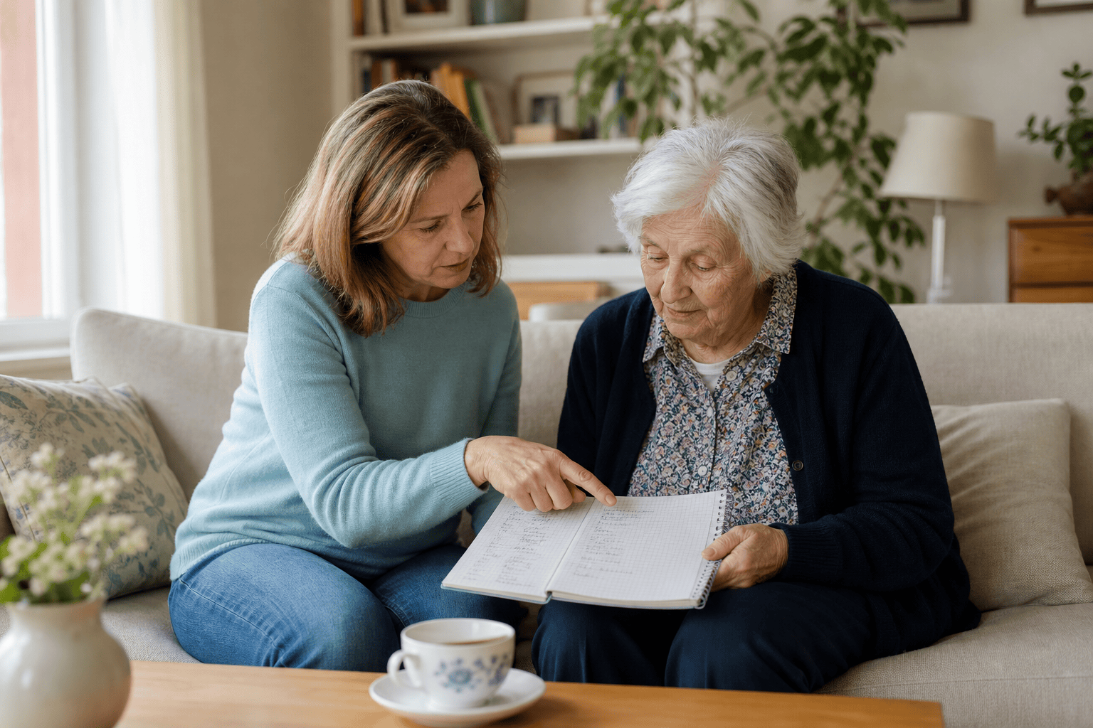 Ältere Person und Angehörige besprechen den Unterstützungsbedarf im Alltag