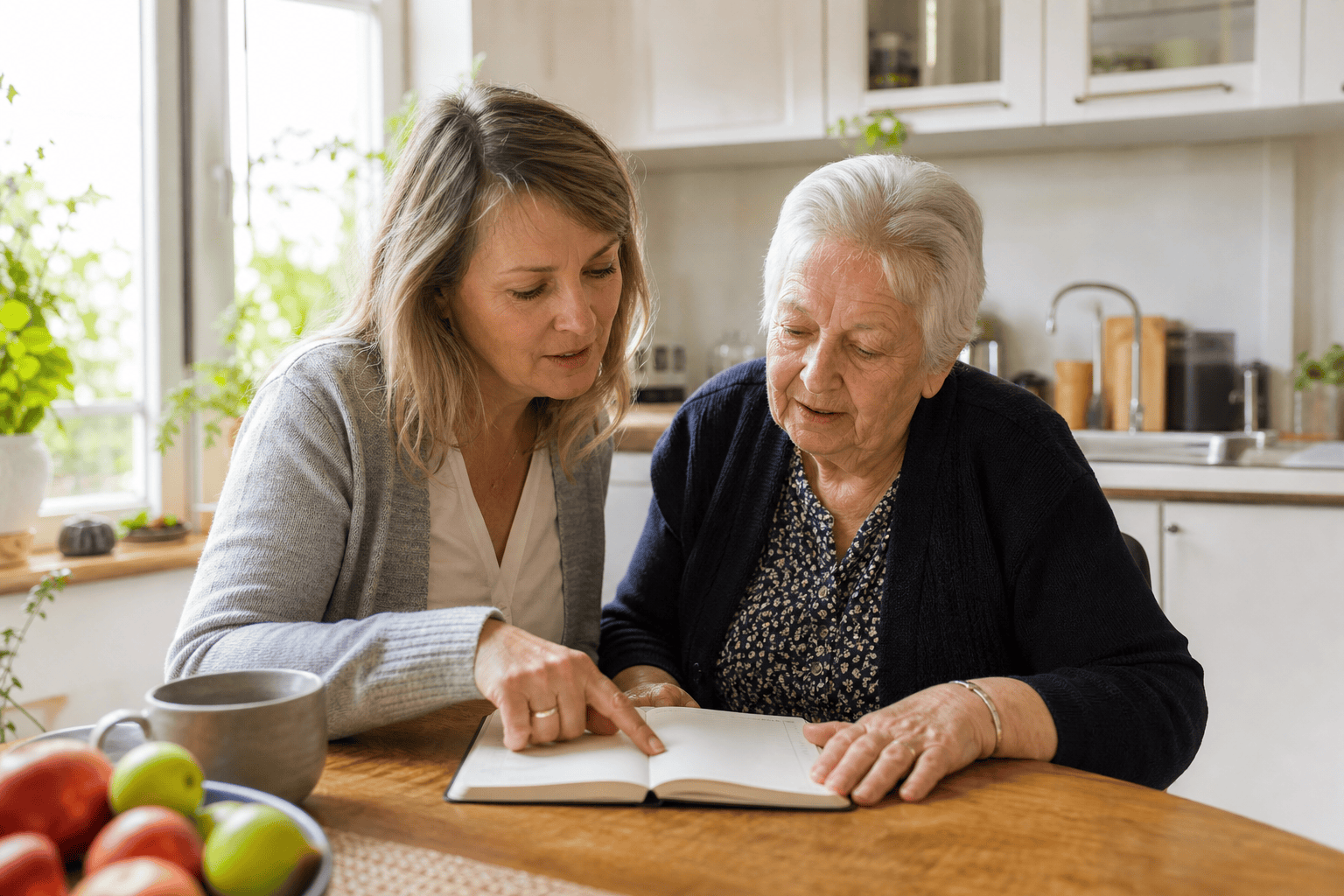 Älterer Mensch und Angehörige besprechen Notizen aus einem Pflegetagebuch