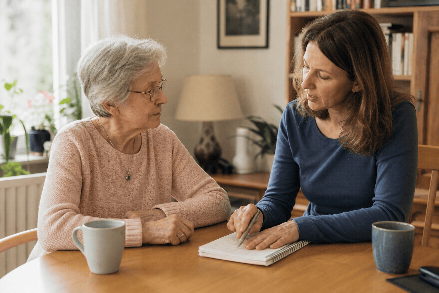 Ältere Person und Angehörige besprechen Alltagsnotizen zur Unterstützung zu Hause.