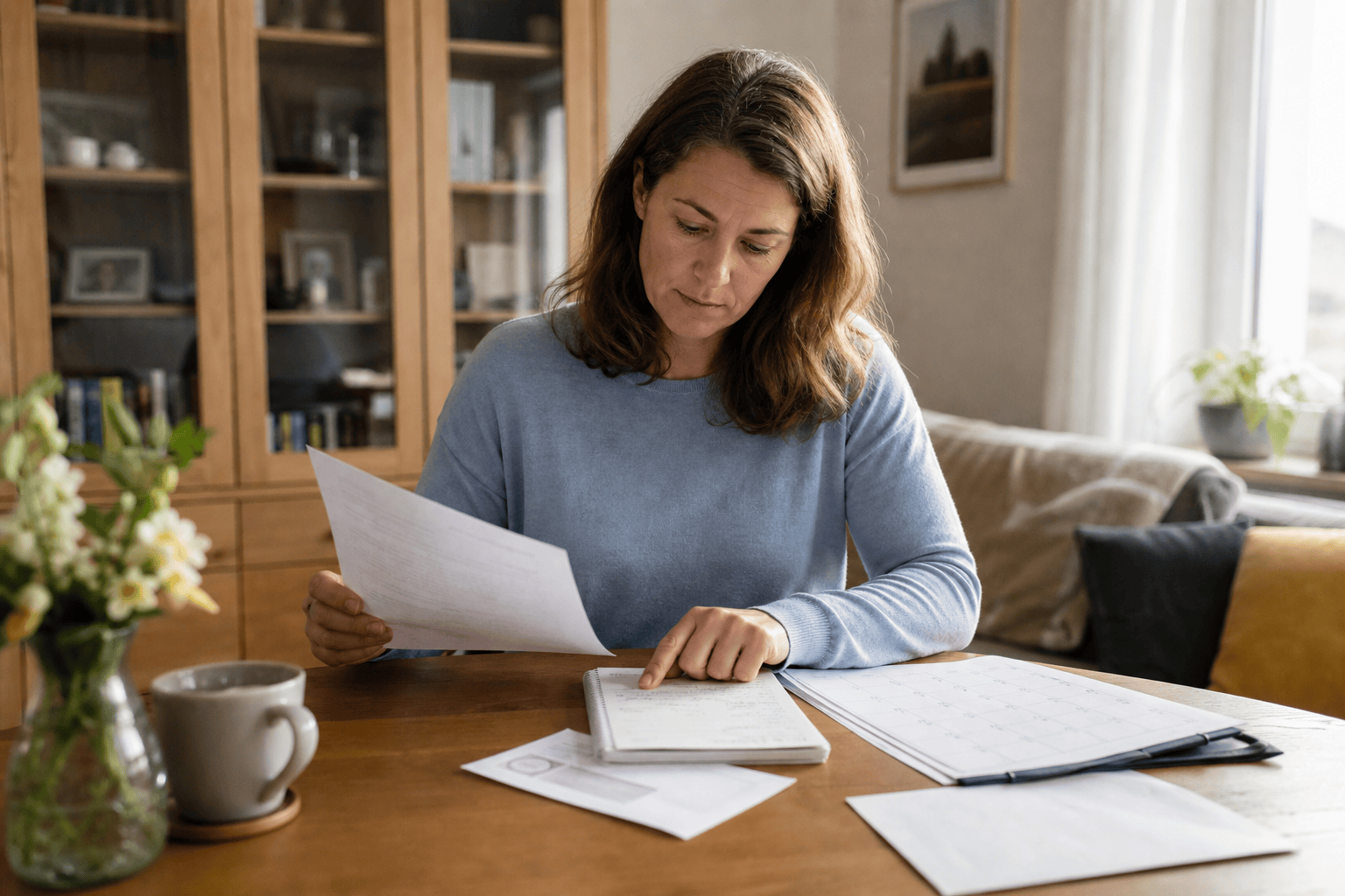 Angehörige Person sortiert Unterlagen und Notizen zum Pflegegrad.