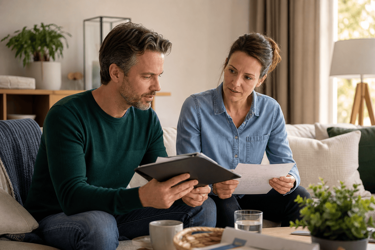 Angehörige vergleichen Unterlagen und Notizen zum Hilfebedarf.