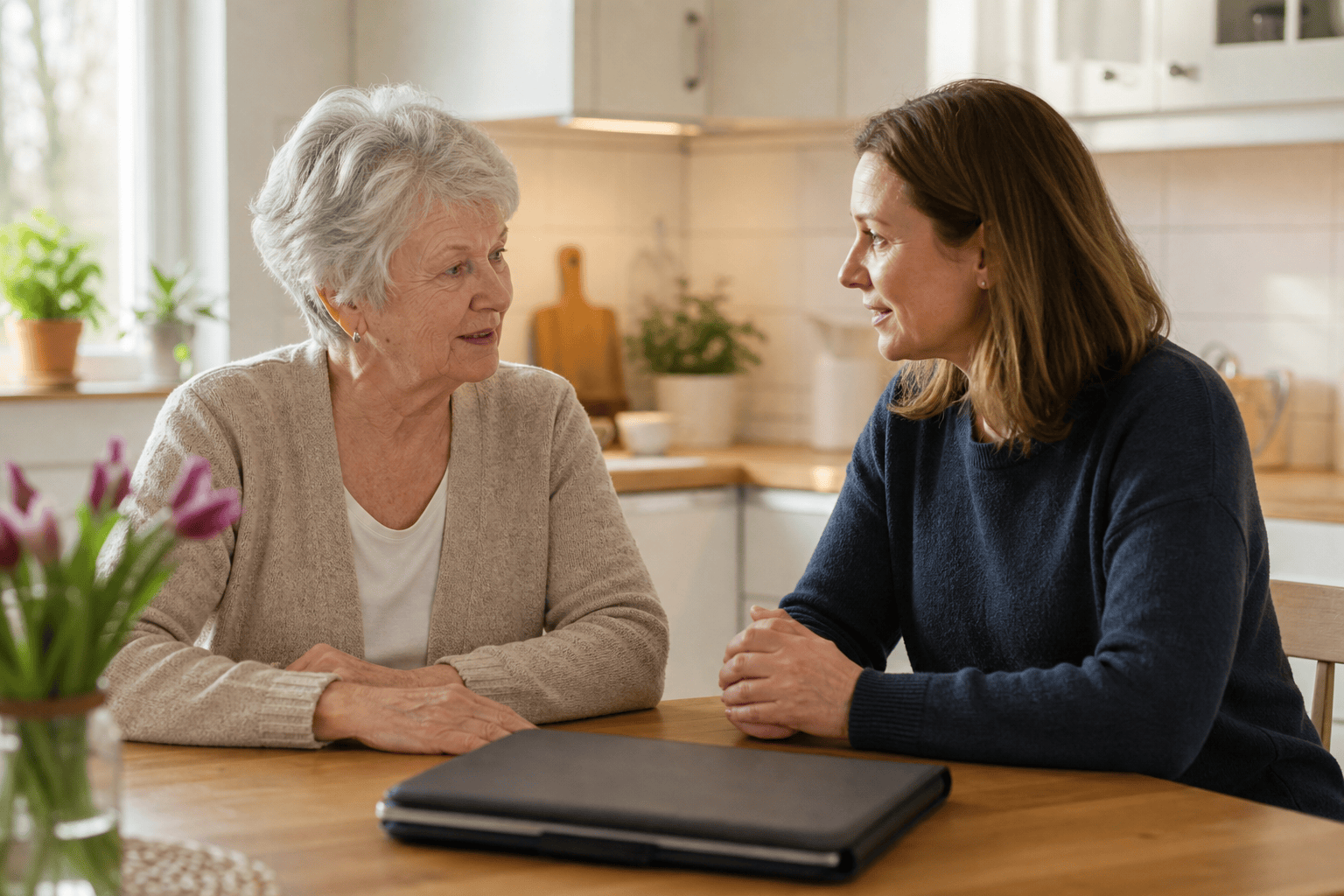 Älterer Mensch und Angehörige besprechen die nächsten Schritte nach einem Bescheid.