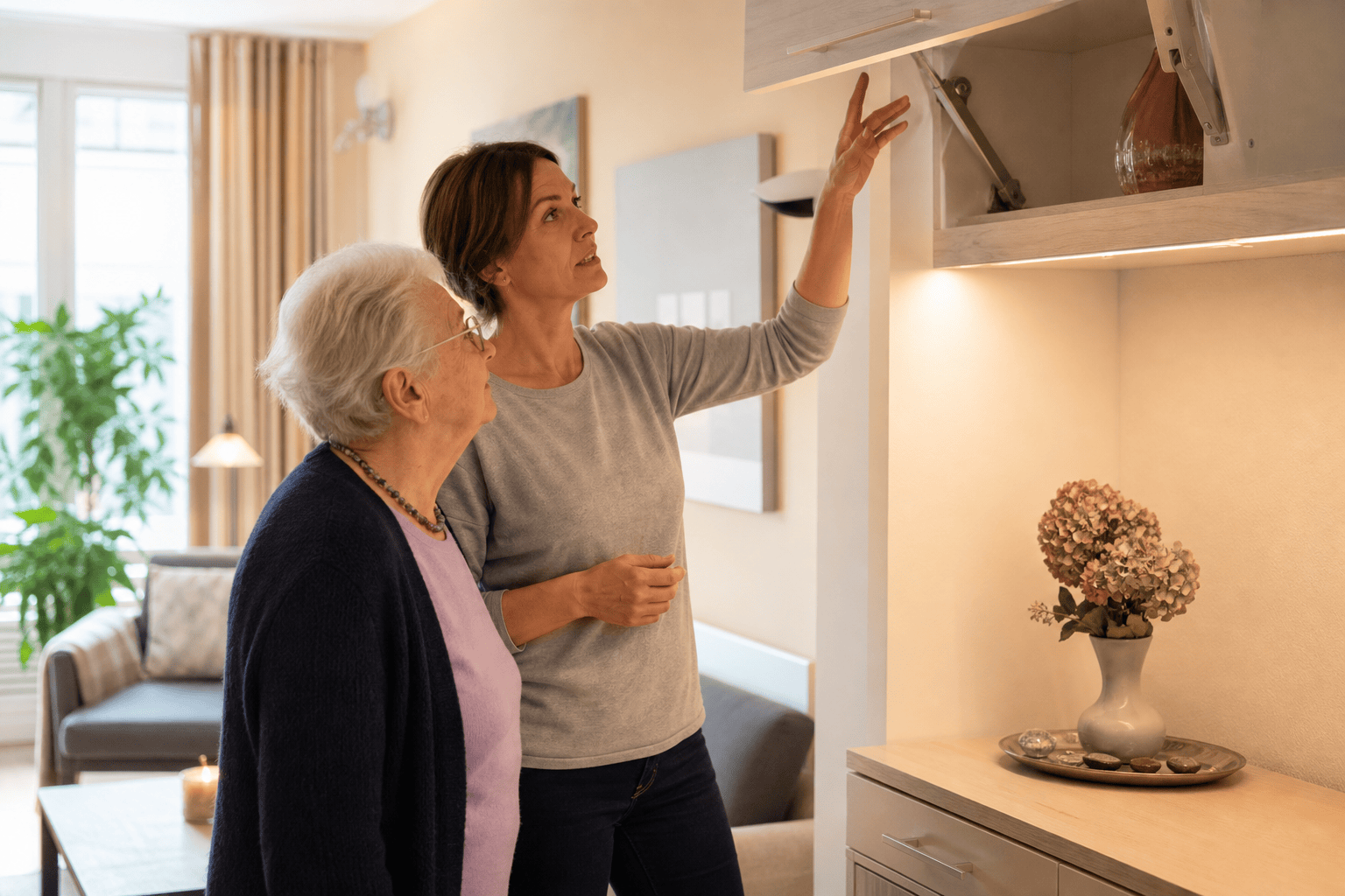 Ältere Person und Angehöriger informieren sich in einer wohnlichen Musterwohnung über barrierearme Lösungen.