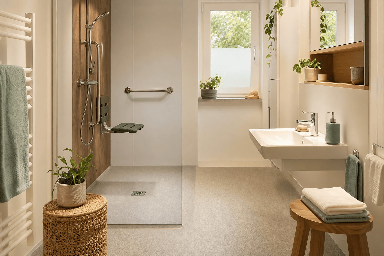 Helles Bad mit bodengleicher Dusche und Haltegriffen