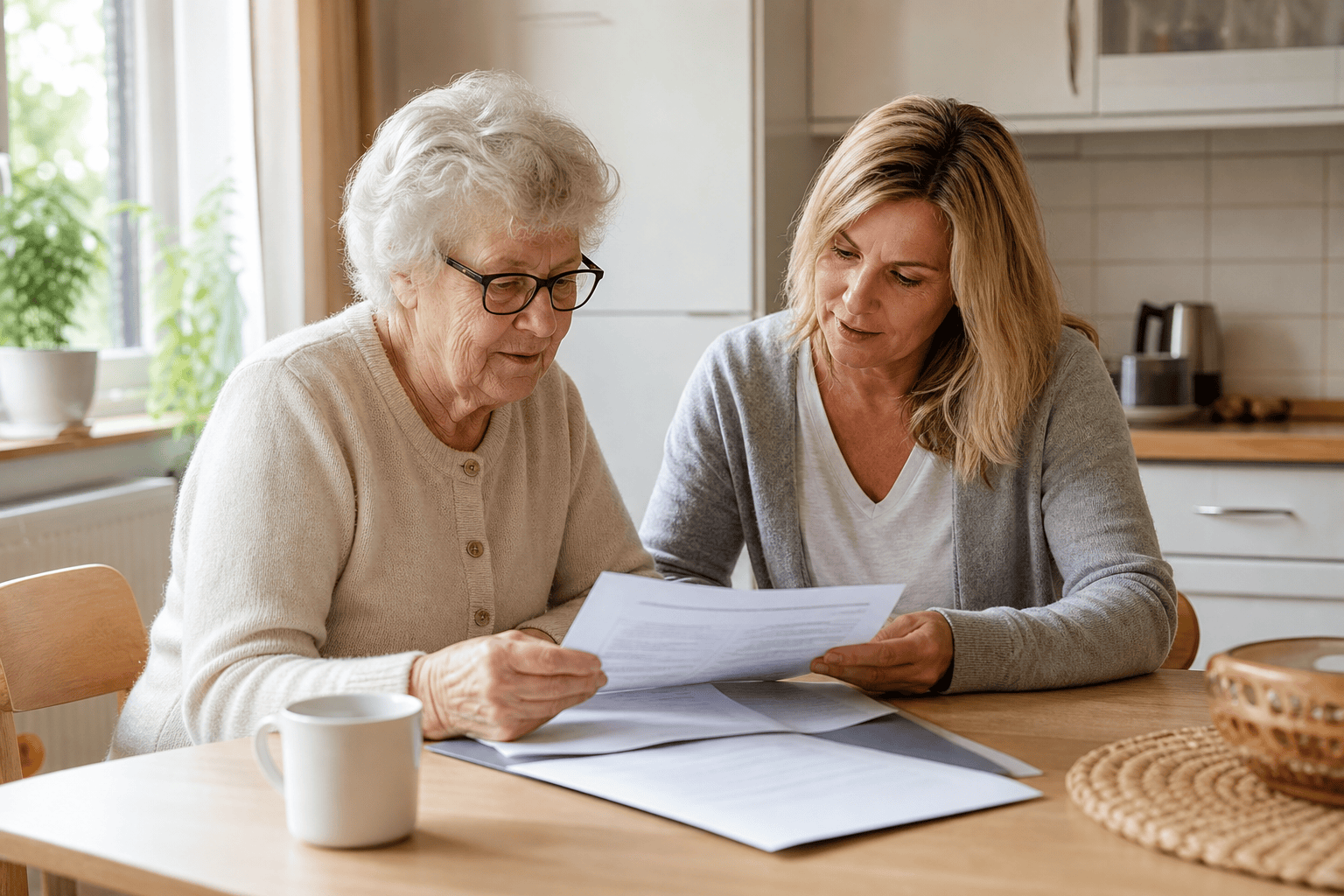 Ältere Person und Angehörige besprechen die Planung einer Wohnraumanpassung