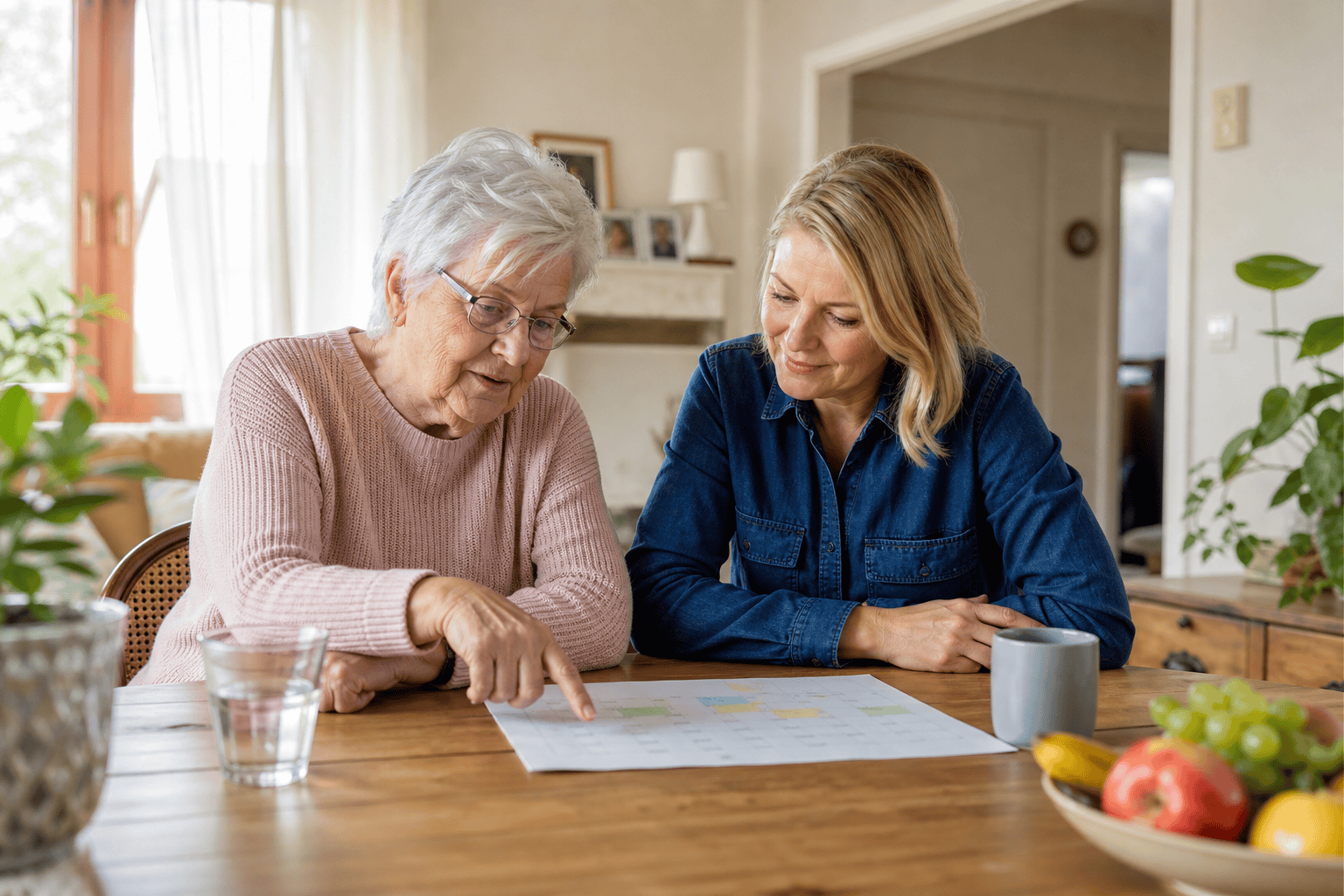 Älterer Mensch und Angehörige besprechen den Unterstützungsbedarf zu Hause.