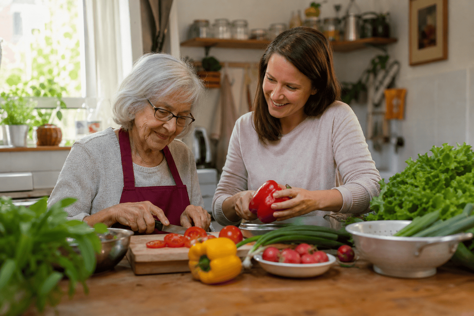 Ältere Frau und Betreuungsperson bereiten gemeinsam eine Mahlzeit in der Küche vor.