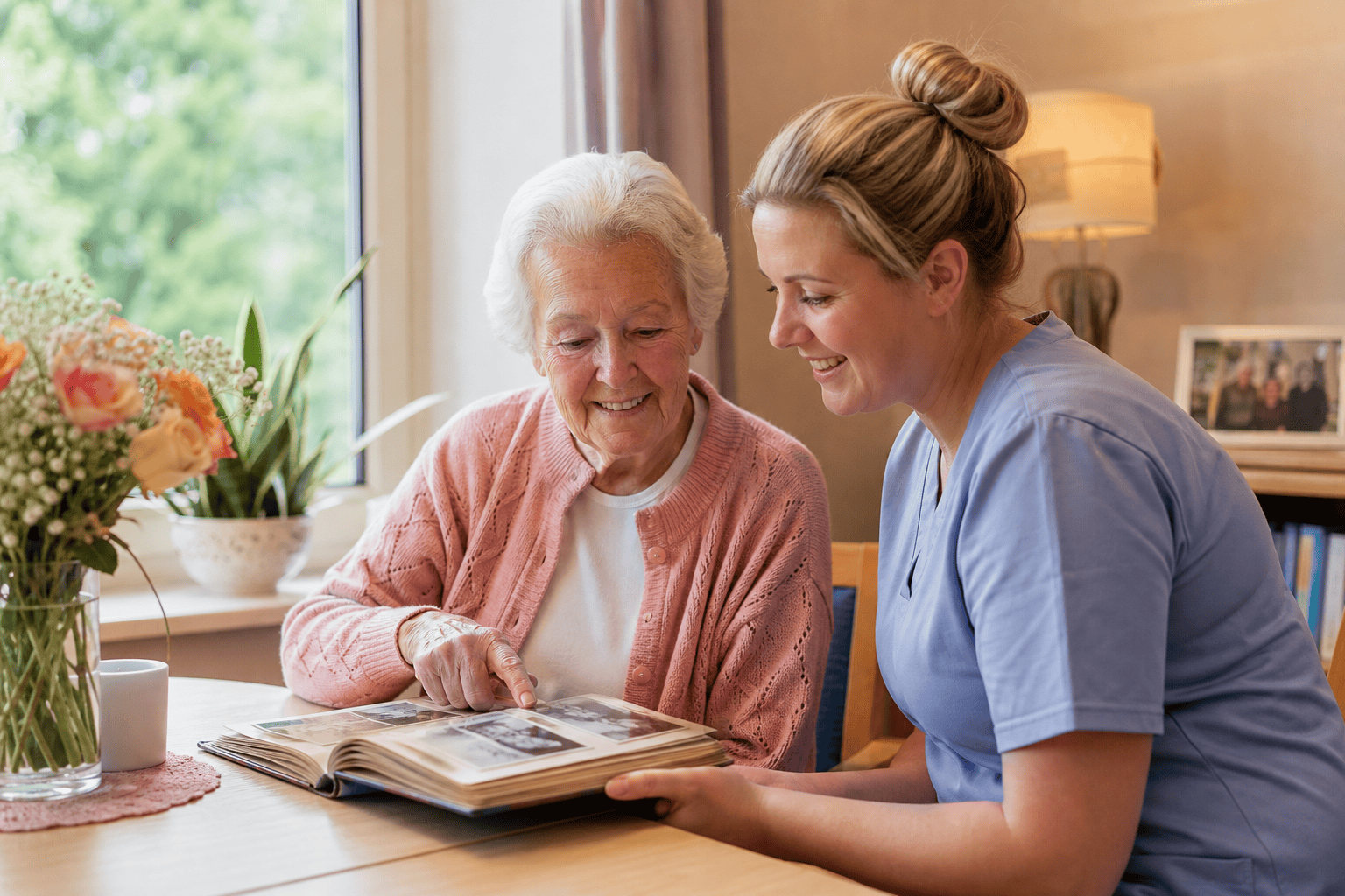 Seniorin betrachtet mit Betreuungskraft ein Fotoalbum