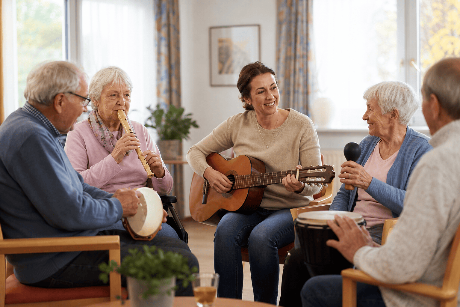 Musikrunde mit Betreuungskraft und Seniorinnen im Pflegeheim