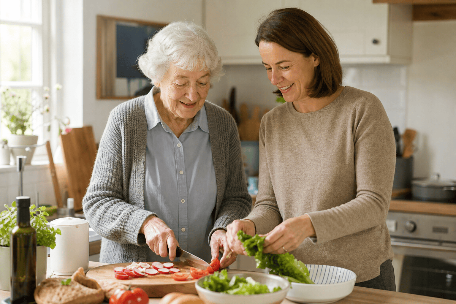 Ältere Person und Betreuungsperson bereiten gemeinsam eine Mahlzeit zu.
