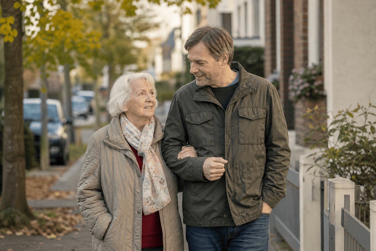 Angehörige begleitet eine ältere Person bei einem Spaziergang.