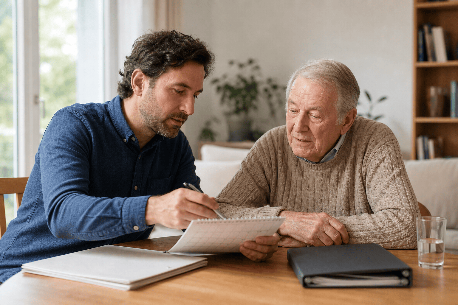 Angehörige und älterer Mann prüfen gemeinsam Kalender und Unterlagen für die Urlaubsplanung.