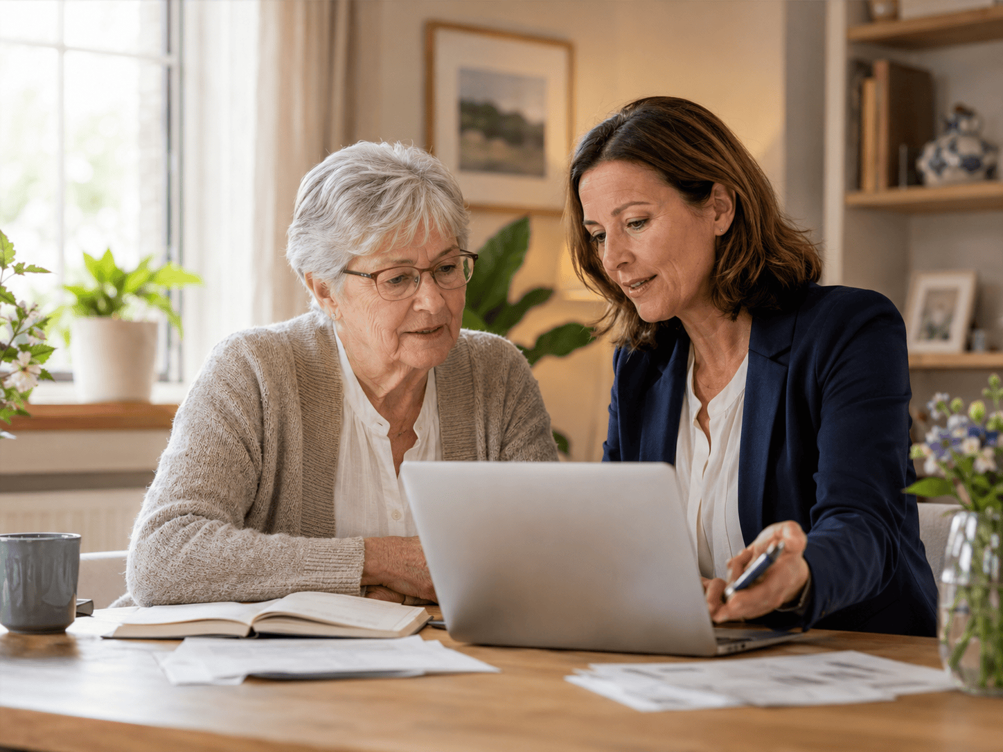 Angehörige besprechen Leistungen und Finanzierung einer Pflege zu Hause